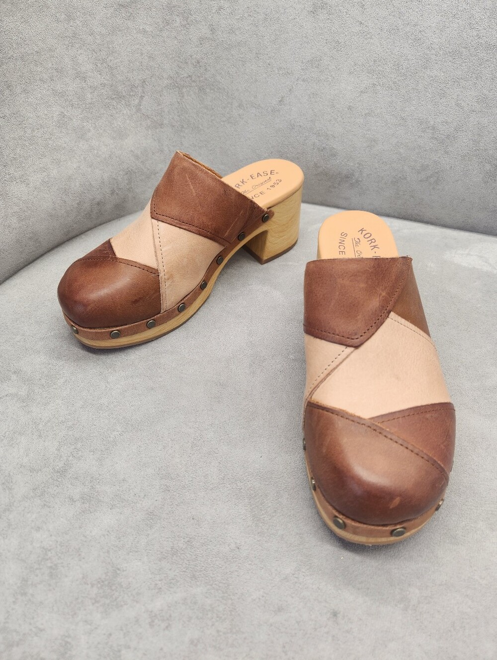 Kork-Ease Clogs 7 Brown Tan Leather Tay Patchwork Mules Scandinavian New $160 - Picture 8 of 16